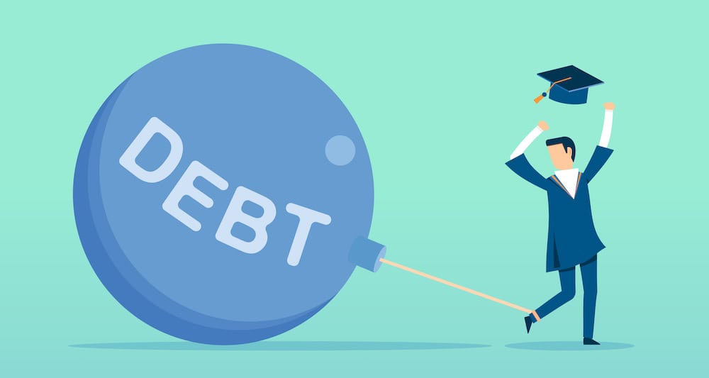 Student with debt ball and chain